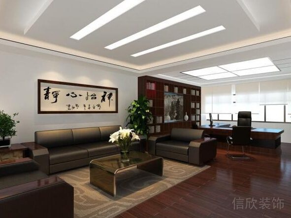 辦公室待客區(qū)中式真皮沙發(fā)木質(zhì)地板