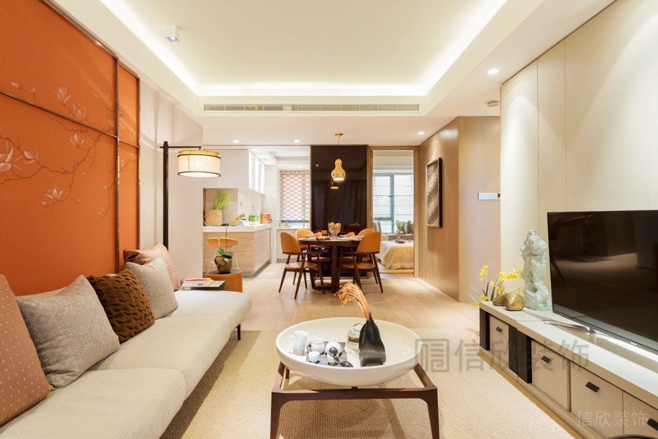 智能家居整屋設(shè)計(jì)定制客廳中國(guó)畫(huà)橙色墻體設(shè)計(jì)