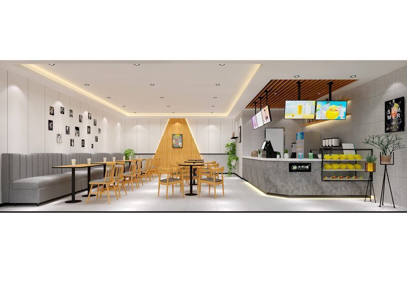 奶茶店裝修效果圖木質(zhì)座椅定制設計弧線水吧臺效果圖