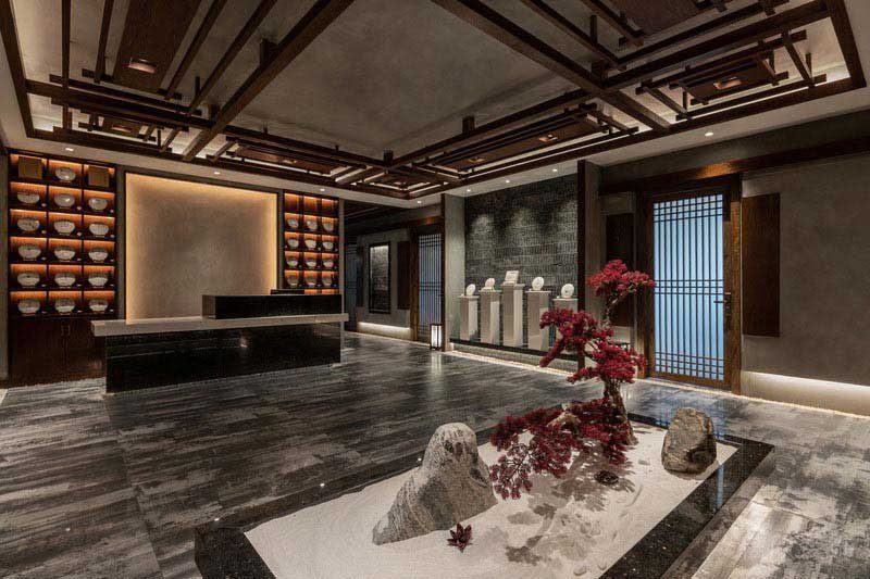 餐廳大廳待客區(qū)前臺形象版收納墻柜裝修中式風灰黑色地面的中式設(shè)計效果