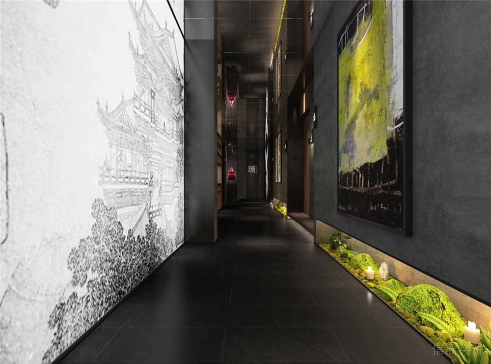 水墨畫(huà)線(xiàn)描墻繪藝術(shù)感黑白色調(diào)過(guò)道中式餐廳裝修