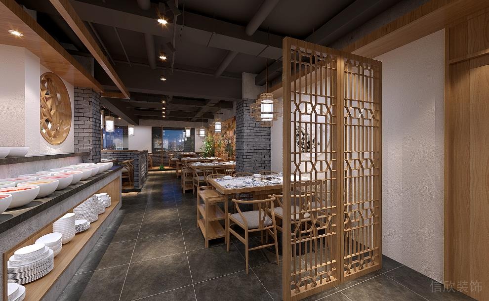 新中式風(fēng)格火鍋店過(guò)道和就餐餐桌裝修效果圖