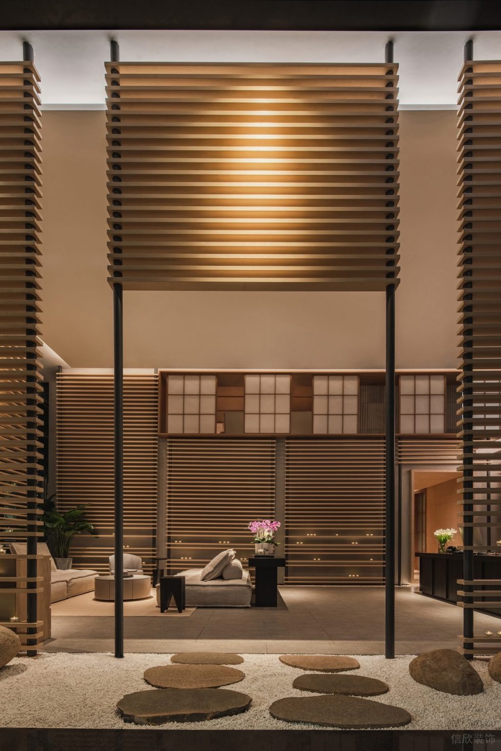 深圳市福田區(qū)保稅區(qū)新中式風(fēng)蘭美容抗衰中心裝修設(shè)計(jì)實(shí)景效果圖-大廳枯山水景入口