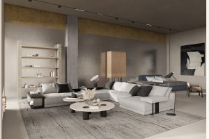 簡約時尚風(fēng)家居展廳裝修設(shè)計案例 白色布藝大沙發(fā)藍(lán)色床具